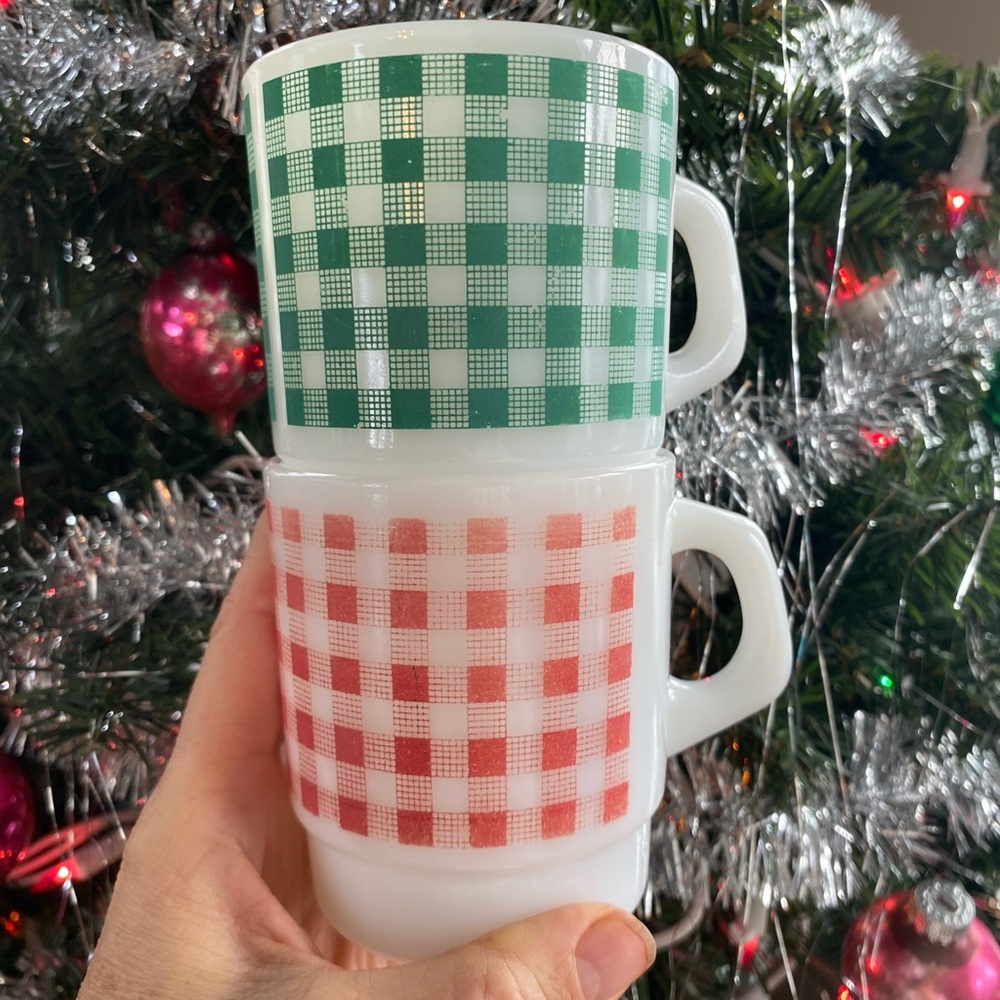 2 Vintage Green and Red Checkered Termocrisa Mugs